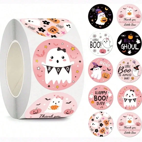 500 Pink Halloween Cute Ghost Stickers Roll Ghouls - Picture 4 of 7